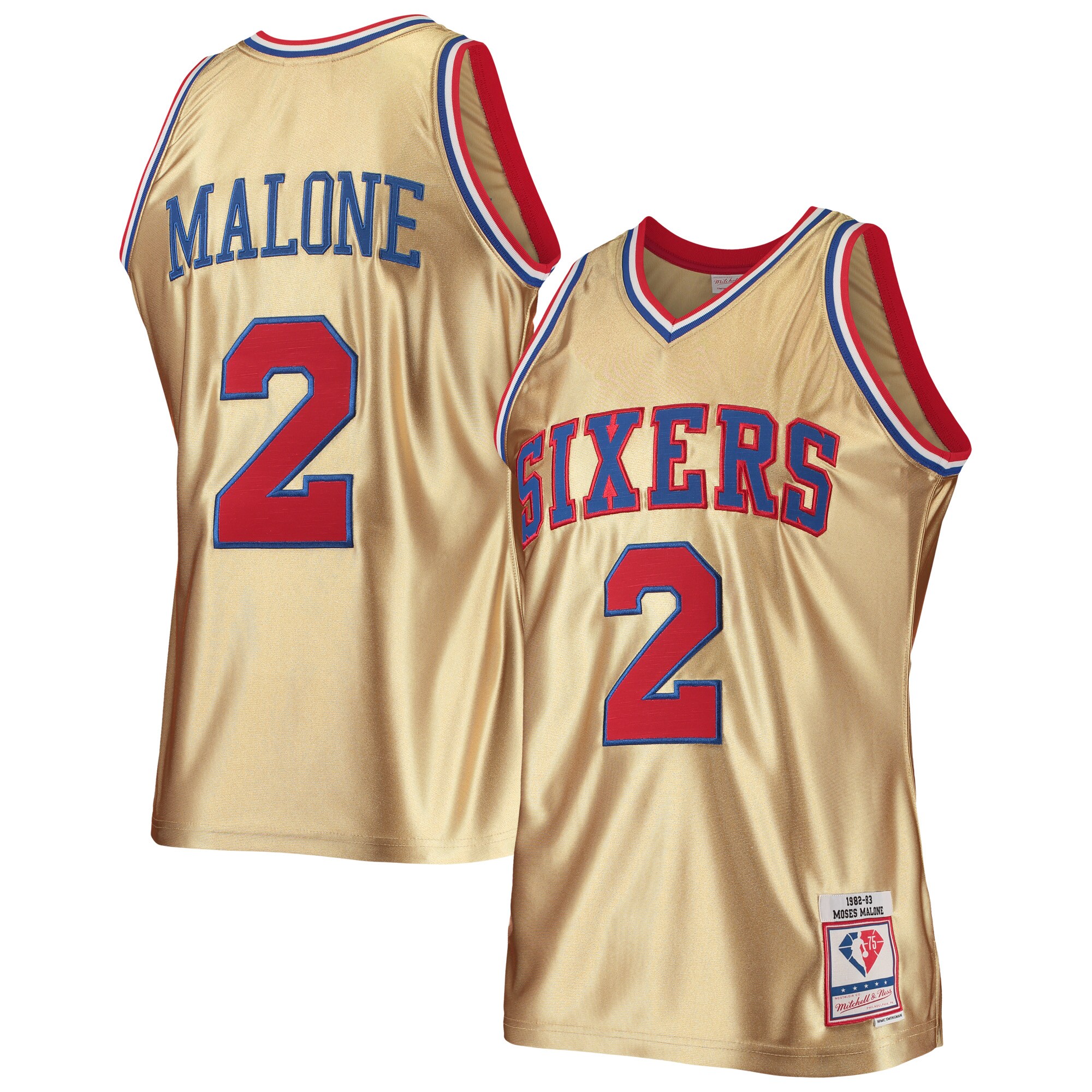 Moses Malone Philadelphia 76ers Mitchell & Ness 75th Anniversary 1982\/83 Hardwood Classics Swingman Jersey - Gold