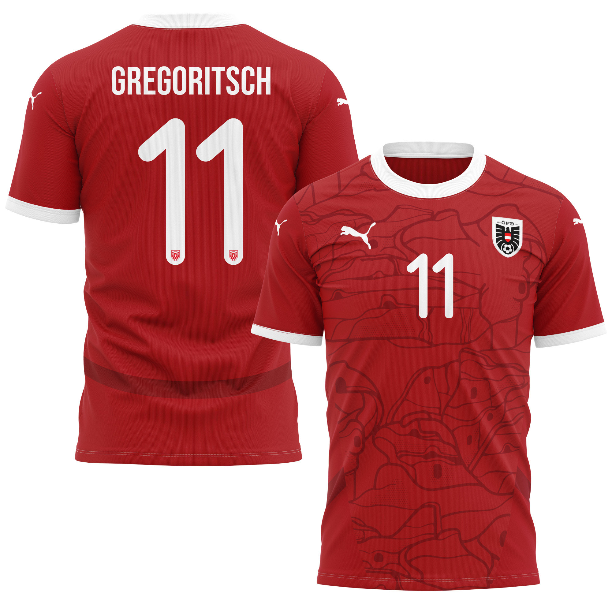Michael Gregoritsch 11 Austria National Team 2024/25 Home Kits AOP T-shirt - Red