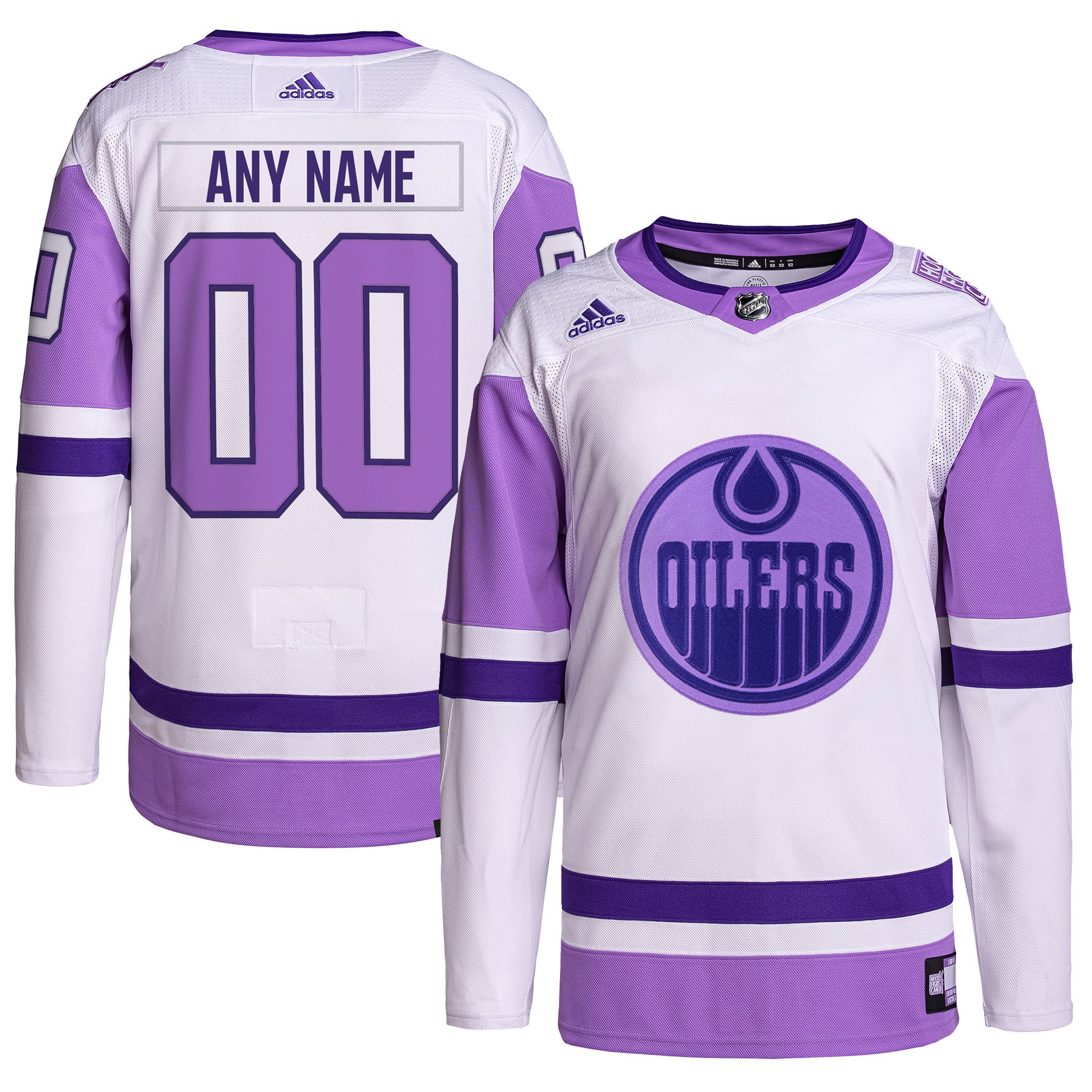 Edmonton Oilers adidas Hockey Fights Cancer Primegreen Authentic Custom Jersey - White\/Purple