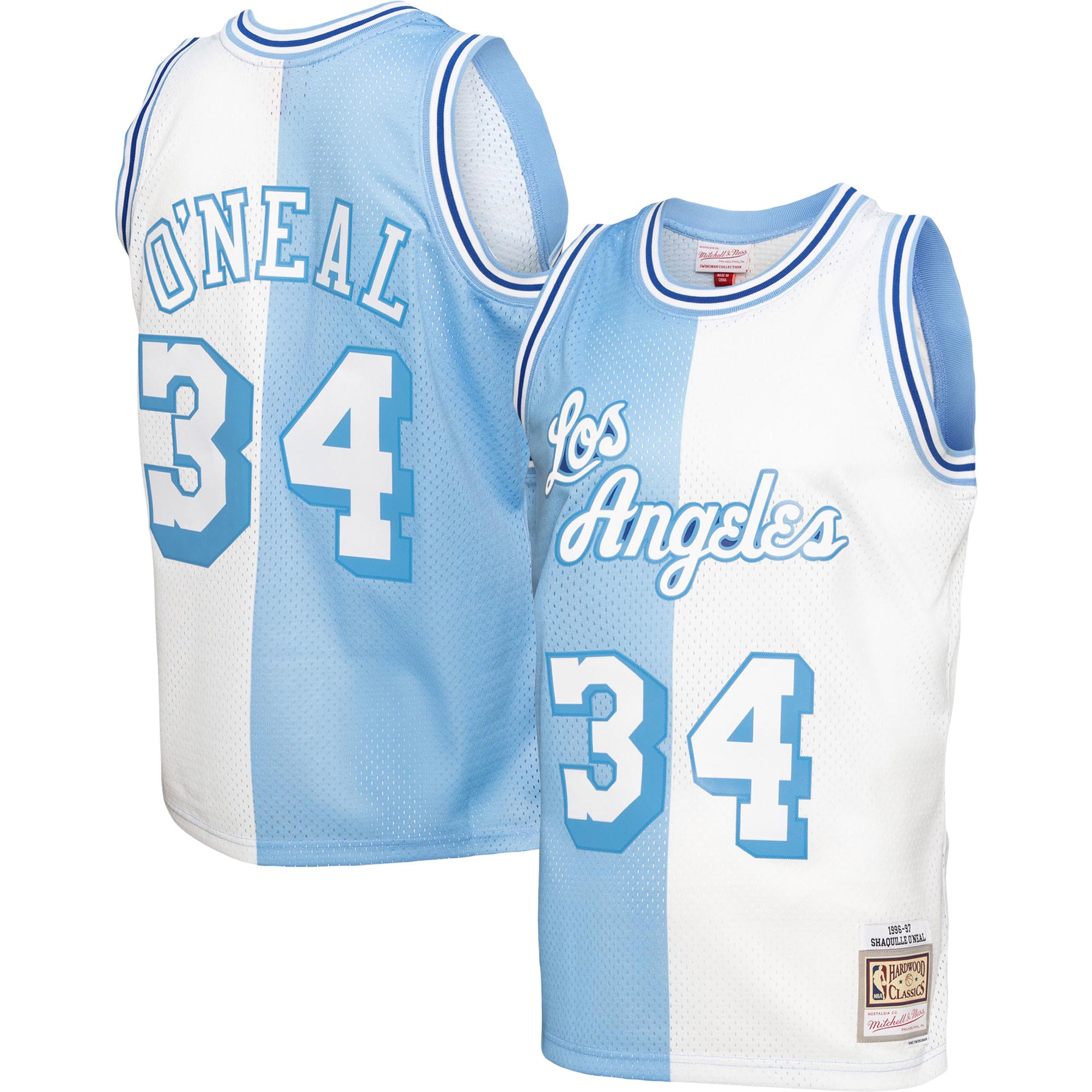 Shaquille O'Neal Los Angeles Lakers Mitchell & Ness Big & Tall Hardwood Classics 1996\/97 Split Swingman Jersey - Powder Blue\/White