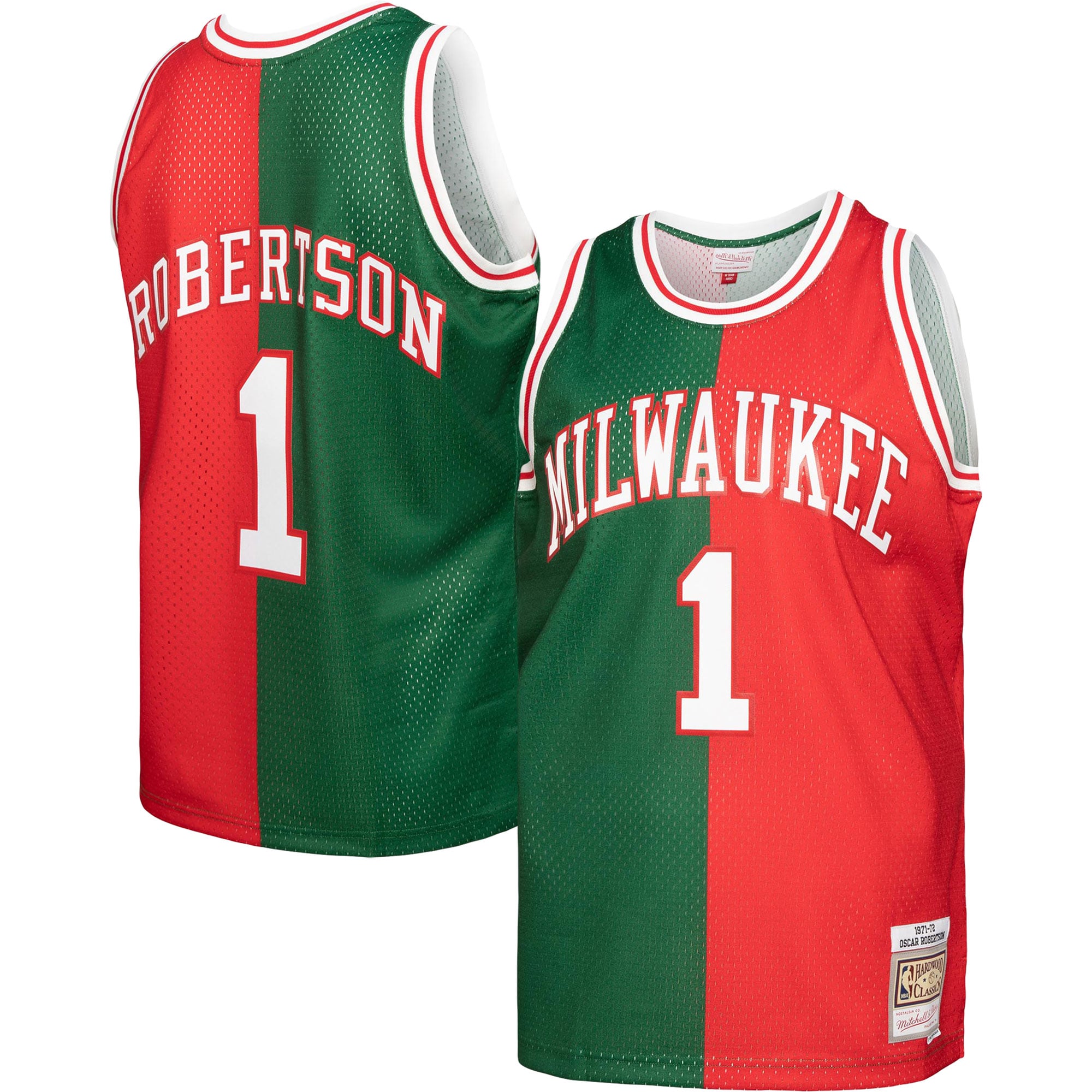 Oscar Robertson Milwaukee Bucks Mitchell & Ness Hardwood Classics 1971\/72 Split Swingman Jersey - Green\/Red