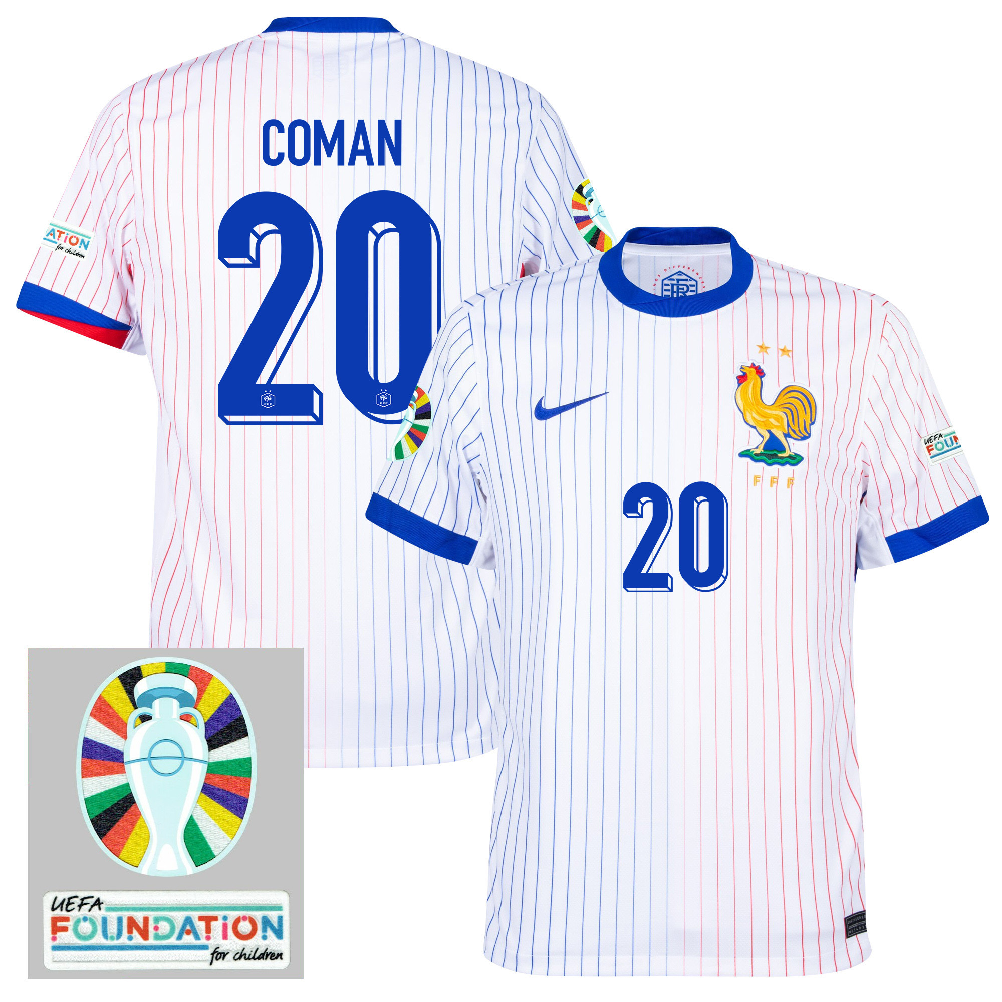 Kingsley Coman 20 France National Team 2024/25 Away Jersey - Euro UEFA Patch - Men, White