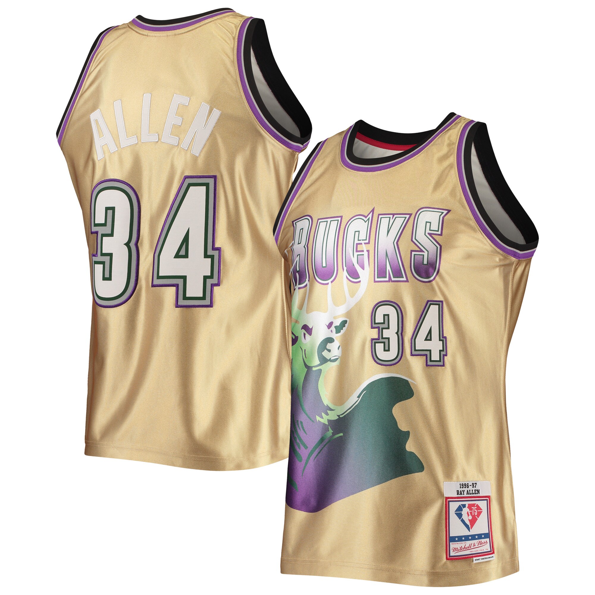 Ray Allen Milwaukee Bucks Mitchell & Ness 75th Anniversary 1996\/97 Hardwood Classics Swingman Jersey - Gold