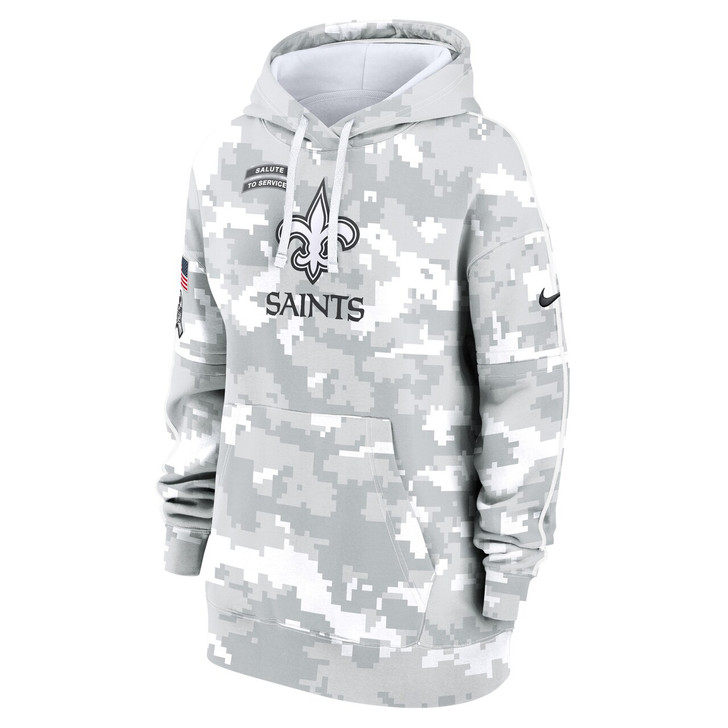 New Orleans Saints Women's 2024 Salute To Service Club Fleece Pullover Hoodie - Arctic Camo