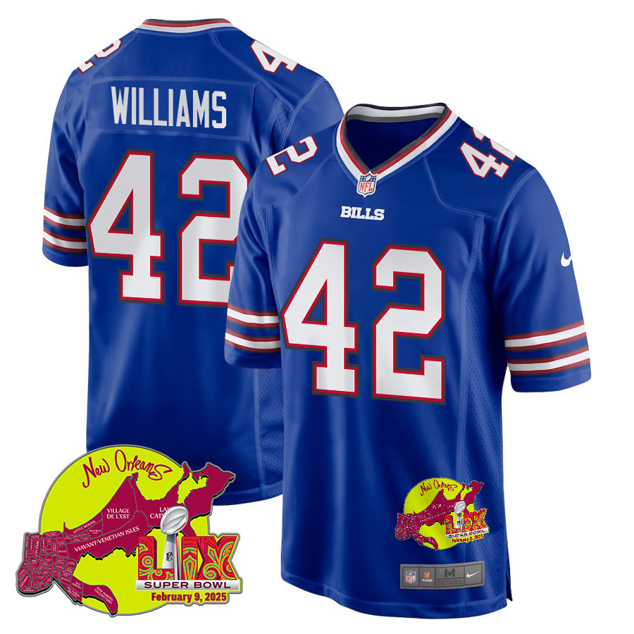 Dorian Williams 42 Buffalo Bills Super Bowl LIX New Orleans Patch Game Men Jersey - Royal
