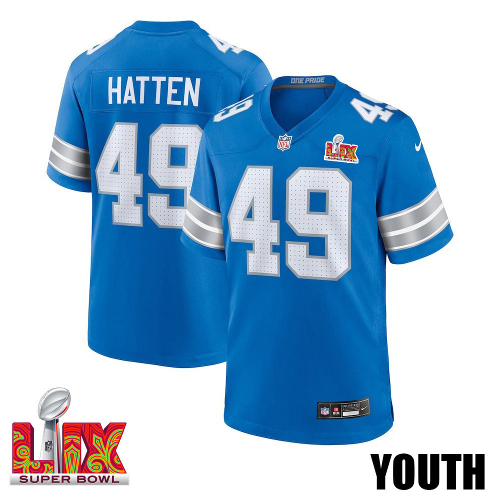 Hogan Hatten #49 Detroit Lions Super Bowl LIX YOUTH Jersey - Blue