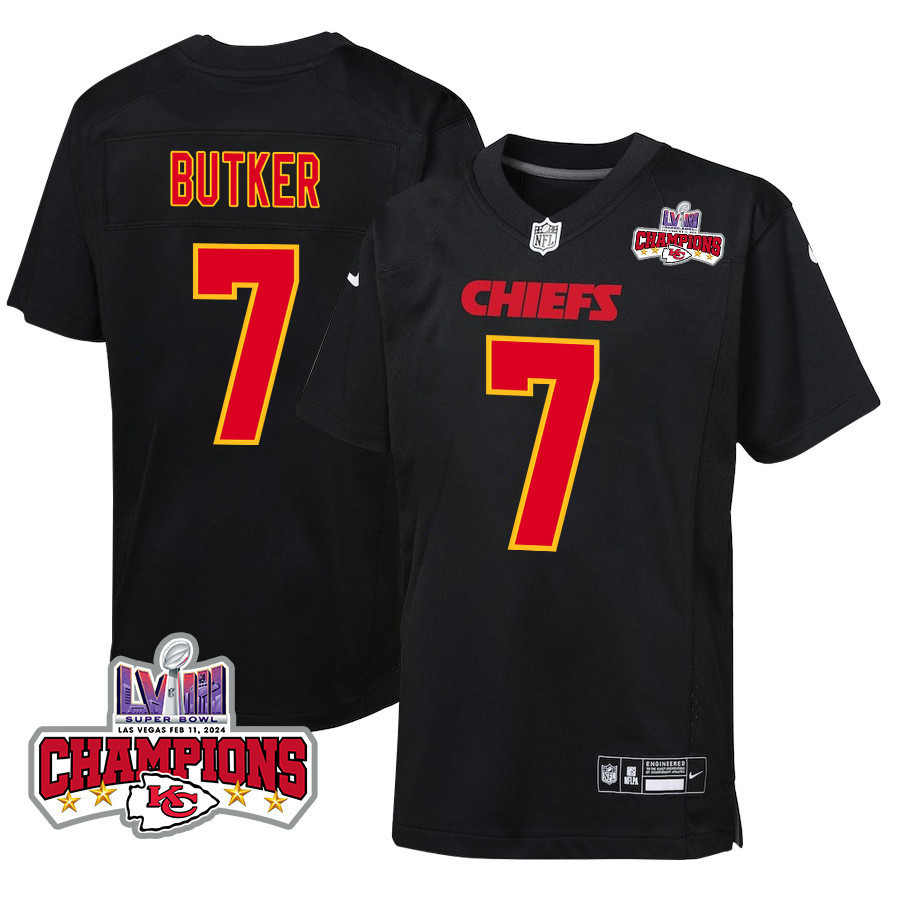 Harrison Butker 7 Kansas City Chiefs Super Bowl LVIII Champions 4 Stars Patch Fashion Game YOUTH Jersey - Carbon Black