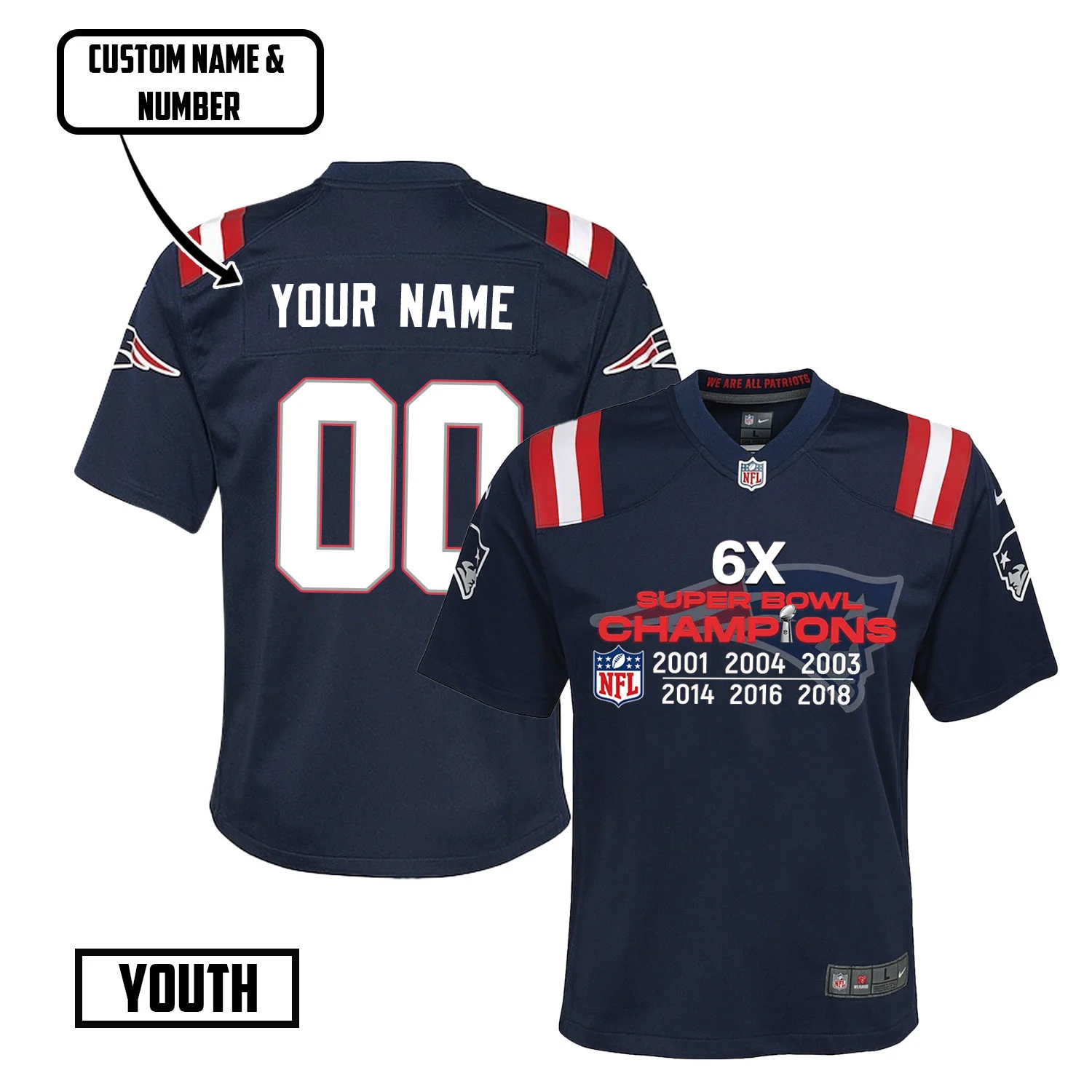 New England Patriots 6X Super Bowl Champions Jersey - Youth, Navy
