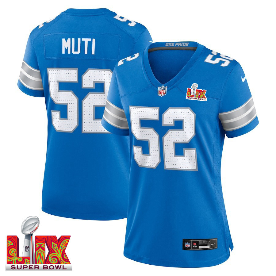 Netane Muti #52 Detroit Lions Super Bowl LIX Women's Jersey - Blue