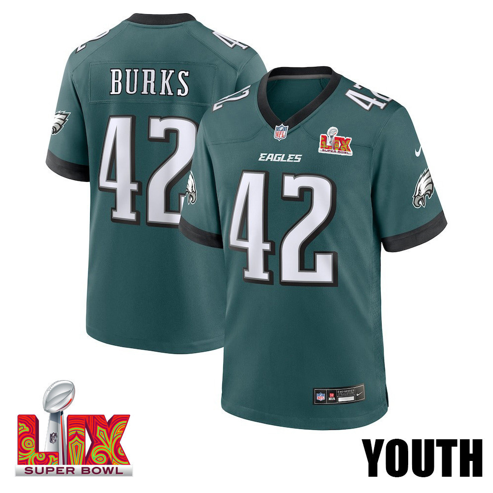 Oren Burks #42 Philadelphia Eagles Super Bowl LIX YOUTH Jersey - Midnight Green
