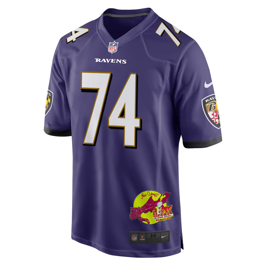 Josh Jones 74 Baltimore Ravens Super Bowl LIX New Orleans Patch Game Men Jersey - Purple