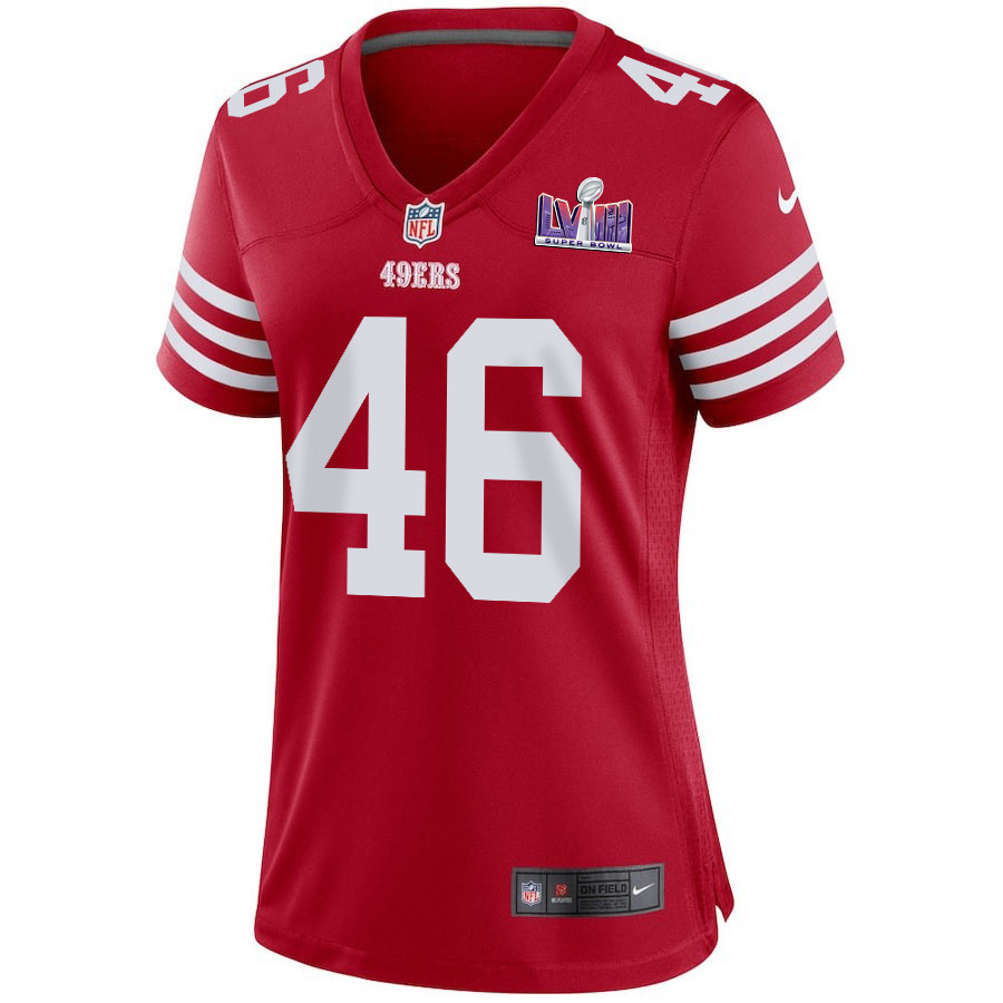 Taybor Pepper 46 San Francisco 49ers Super Bowl LVIII Patch Game Women Jersey - Scarlet