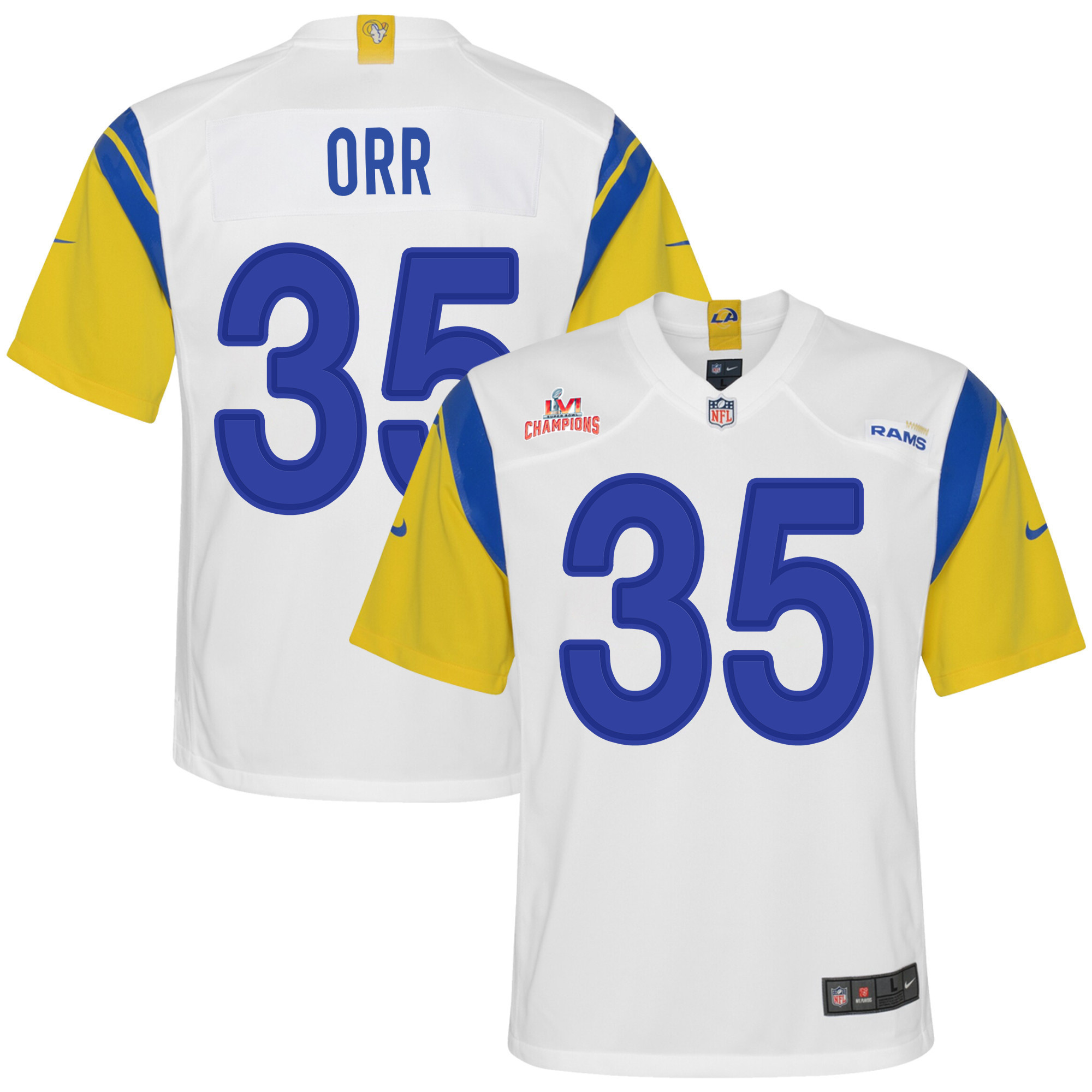 Super Bowl LVI Champions Los Angeles Rams Kareem Orr 35 White Youth's Jersey Jersey