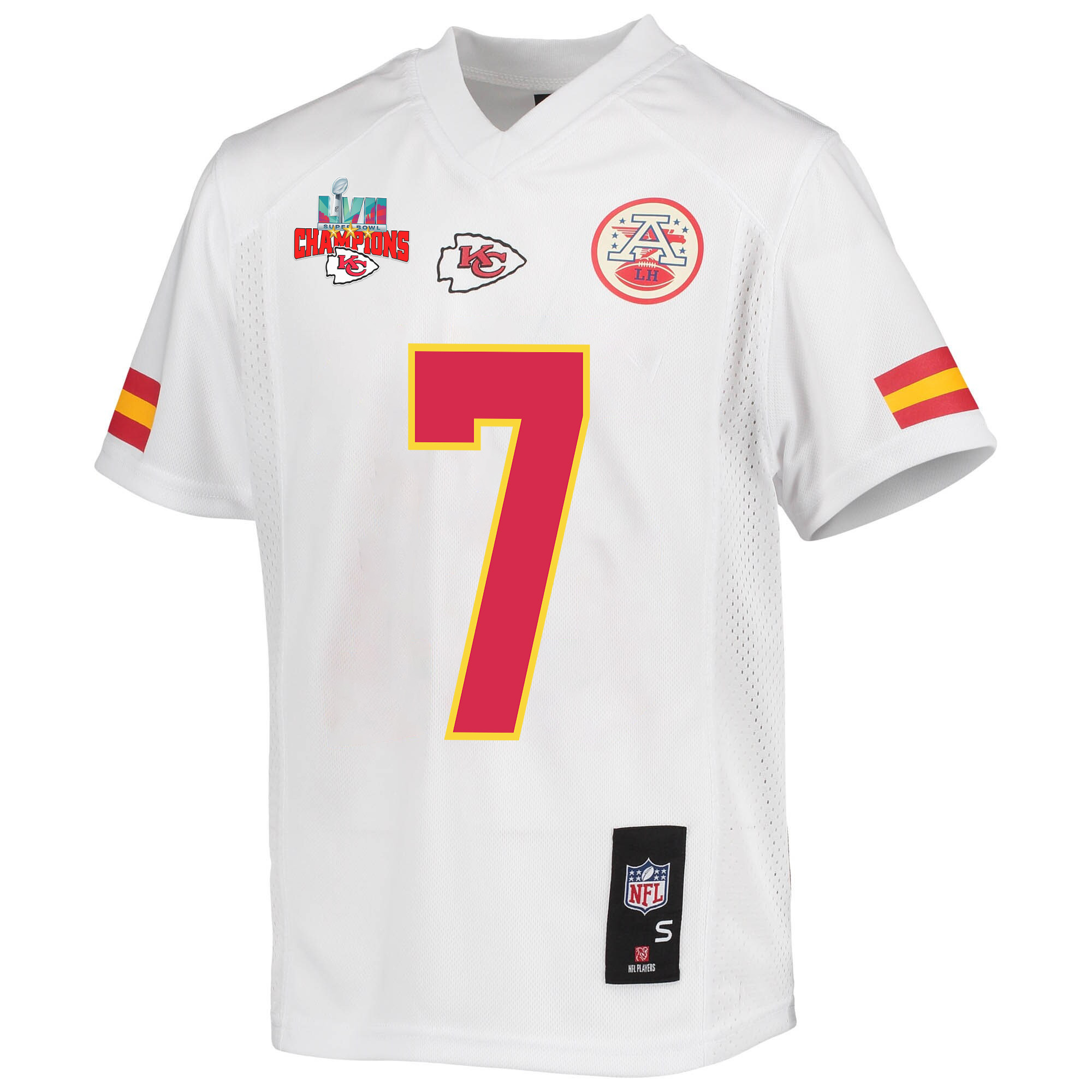 Harrison Butker 7 Kansas City Chiefs Super Bowl LVII Champions 3 Stars Youth Game Jersey - White