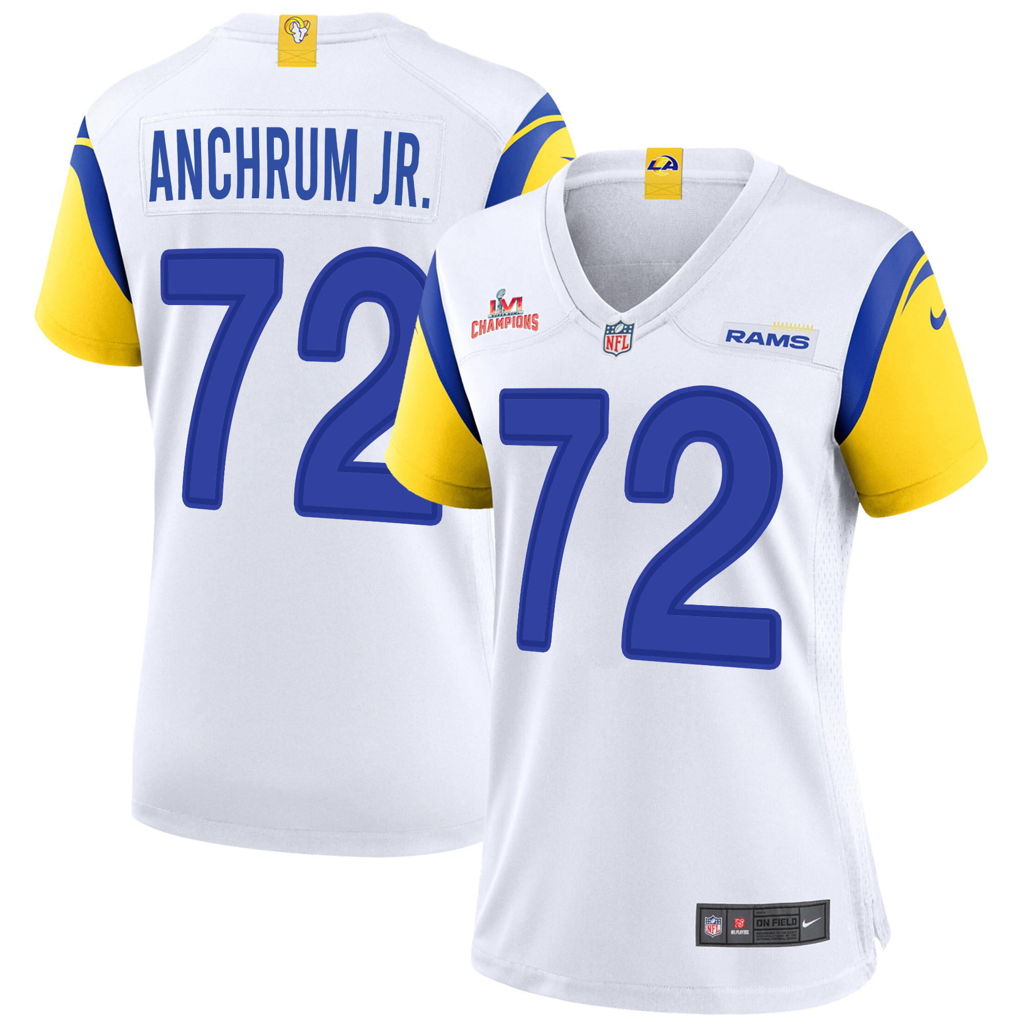 Super Bowl LVI Champions Los Angeles Rams Tremayne Anchrum Jr. 72 White Women's Jersey Jersey