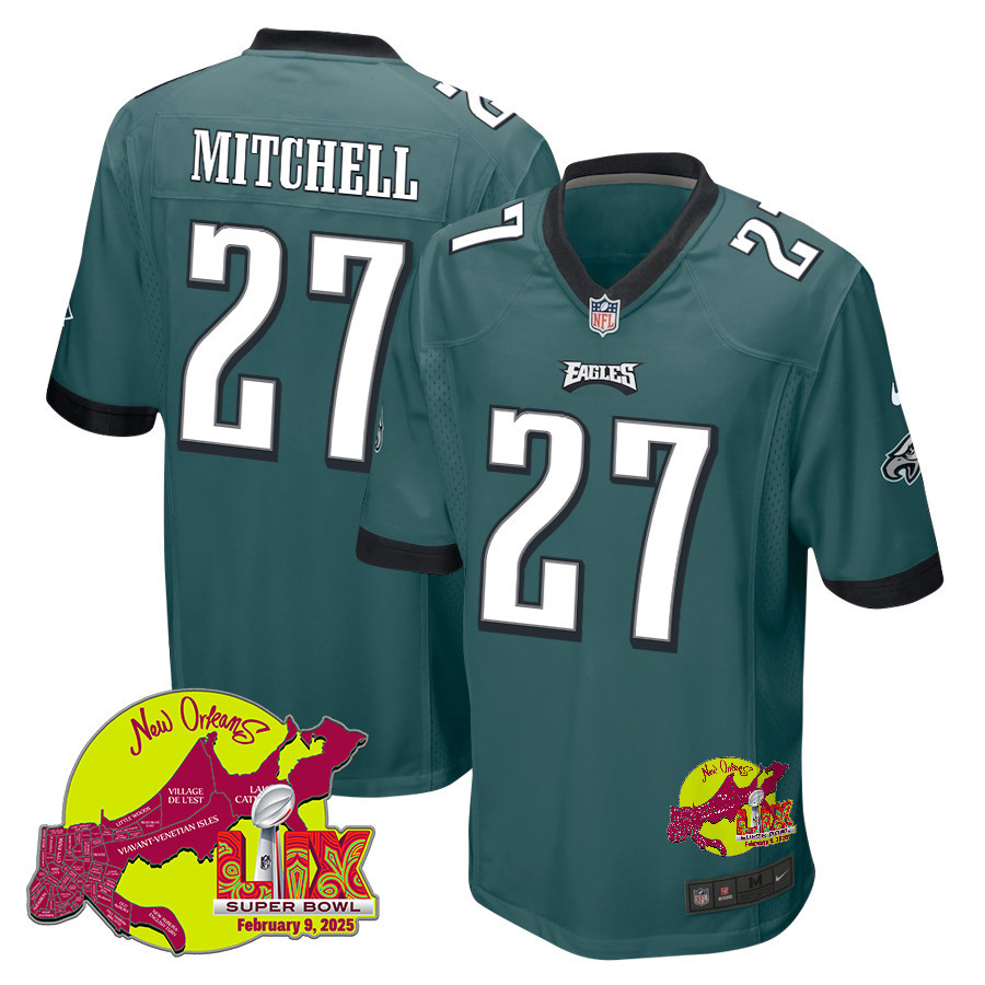 Quinyon Mitchell 27 Philadelphia Eagles Super Bowl LIX New Orleans Patch Game Men Jersey - Midnight Green