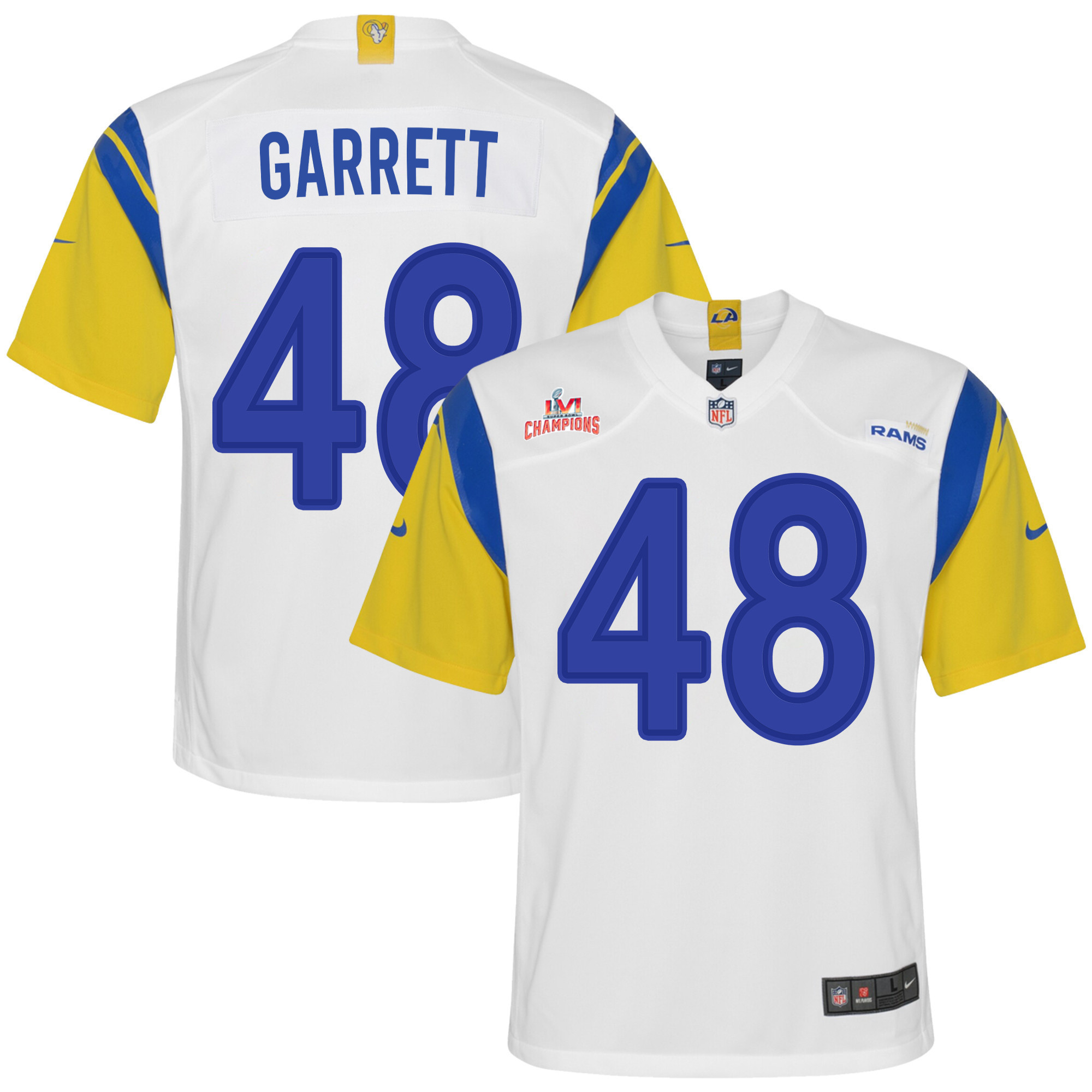 Super Bowl LVI Champions Los Angeles Rams Chris Garrett 48 White Youth's Jersey Jersey