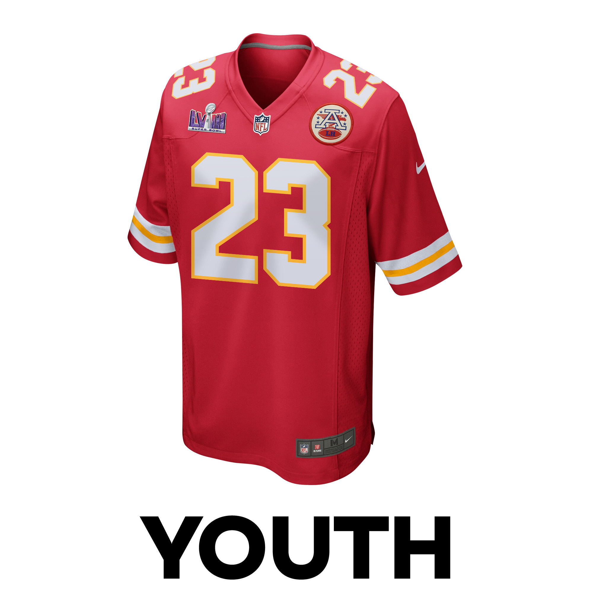Drue Tranquill 23 Kansas City Chiefs Super Bowl LVIII Patch Game YOUTH Jersey - Red
