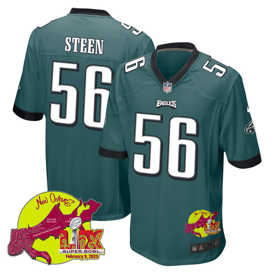 Tyler Steen 56 Philadelphia Eagles Super Bowl LIX New Orleans Patch Game Men Jersey - Midnight Green