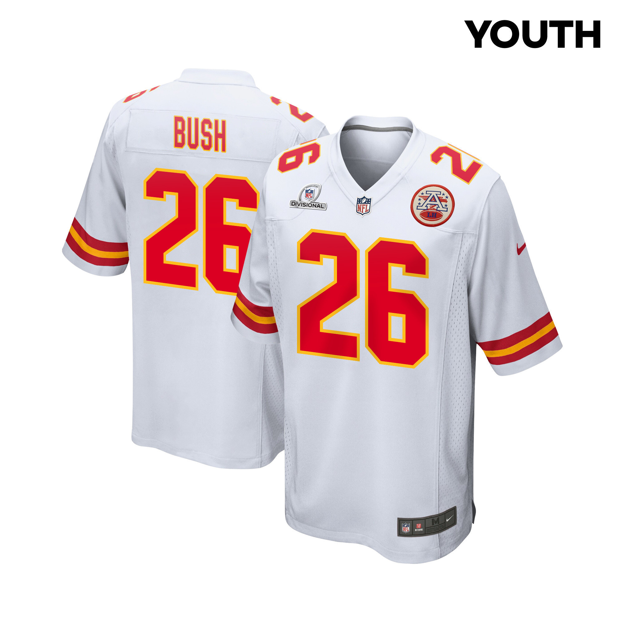 Deon Bush 26 Kansas City Chiefs Super Bowl LVIII Patch Game YOUTH Jersey - White
