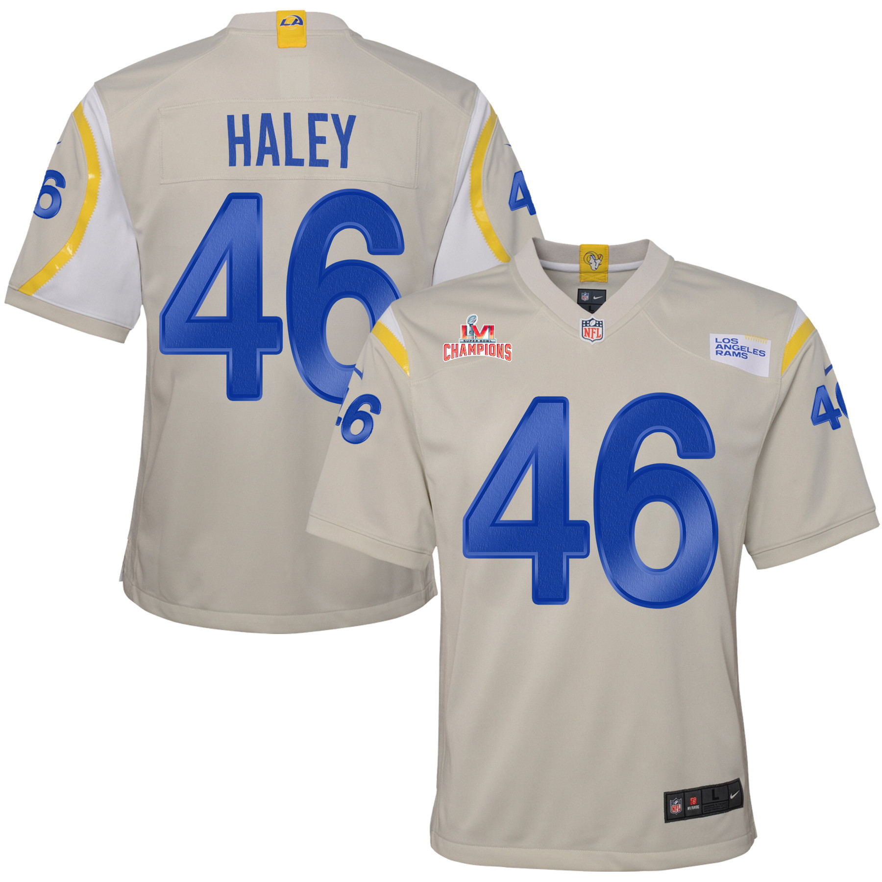 Super Bowl LVI Champions Los Angeles Rams Grant Haley 46 Bone Youth's Jersey Jersey