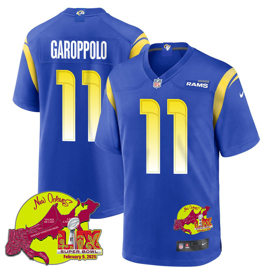 Jimmy Garoppolo 11 Los Angeles Rams Super Bowl LIX New Orleans Patch Game Men Jersey - Royal