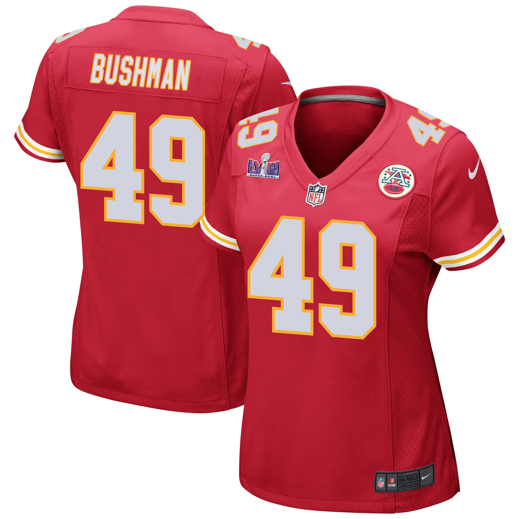 Matt Bushman 49 Kansas City Chiefs Super Bowl LVIII Patch Game Women Jersey - Red
