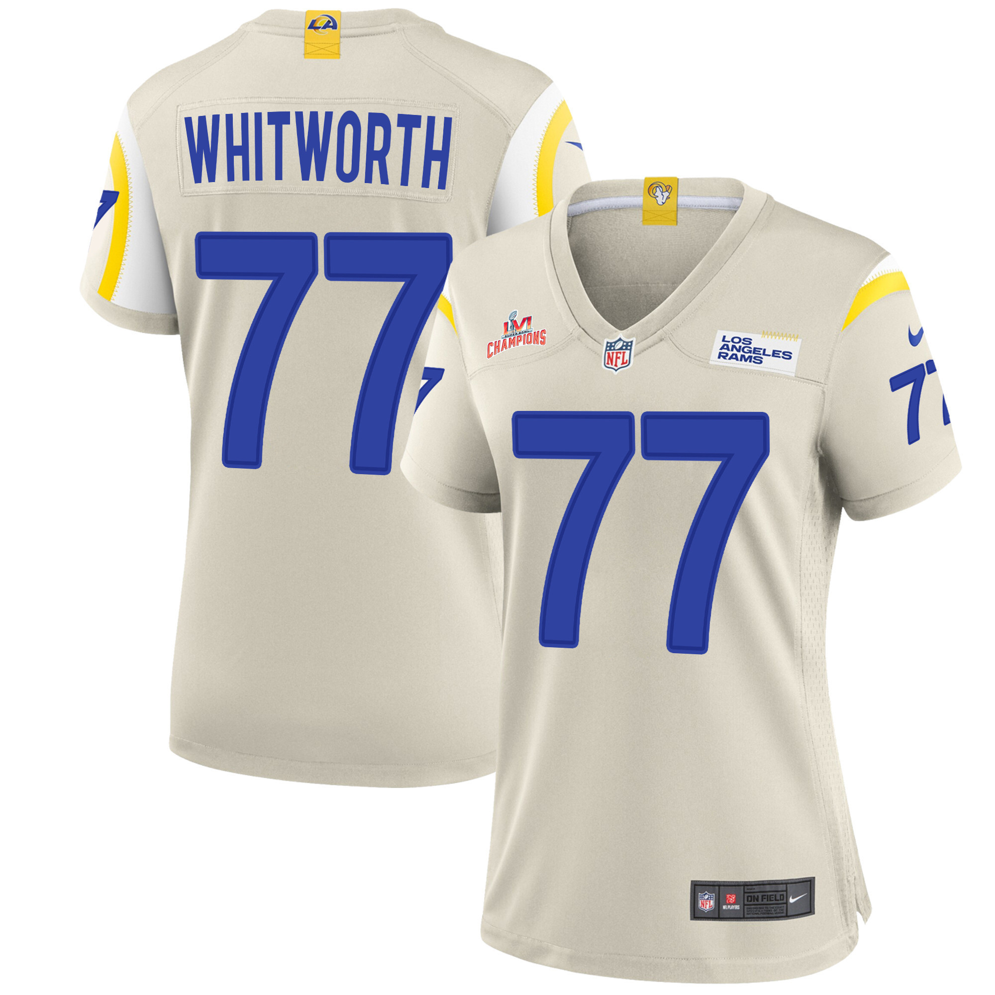 Super Bowl LVI Champions Los Angeles Rams Andrew Whitworth 77 Bone Women's Jersey Jersey