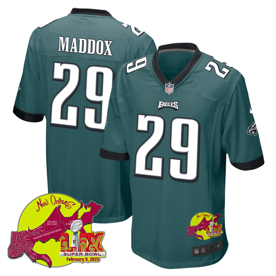 Avonte Maddox 29 Philadelphia Eagles Super Bowl LIX New Orleans Patch Game Men Jersey - Midnight Green