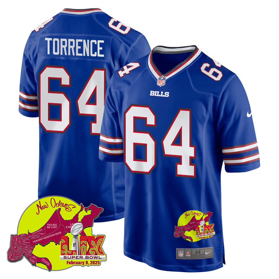 O'Cyrus Torrence 64 Buffalo Bills Super Bowl LIX New Orleans Patch Game Men Jersey - Royal