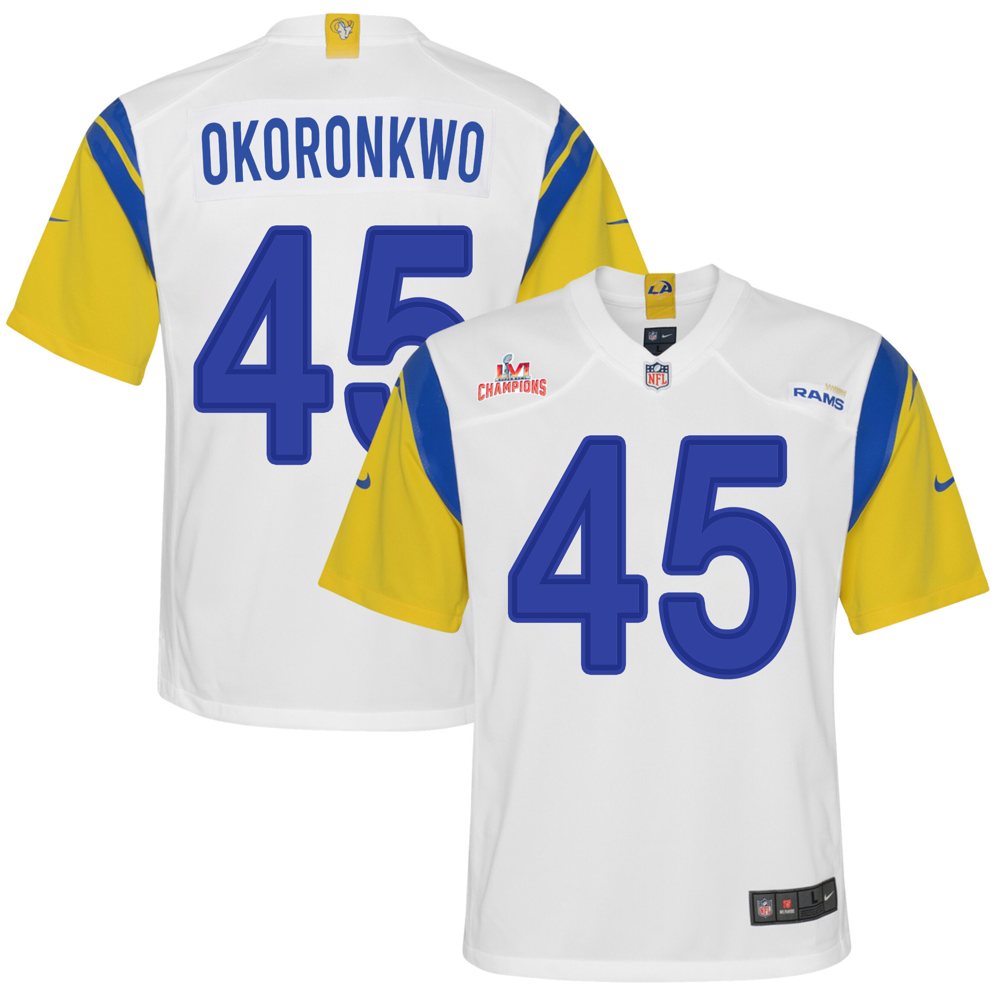 Super Bowl LVI Champions Los Angeles Rams Ogbonnia Okoronkwo 45 White Youth's Jersey Jersey