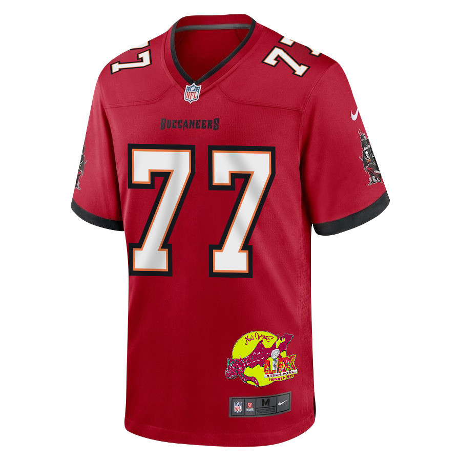 Justin Skule 77 Tampa Bay Buccaneers Super Bowl LIX New Orleans Patch Game Men Jersey - Red