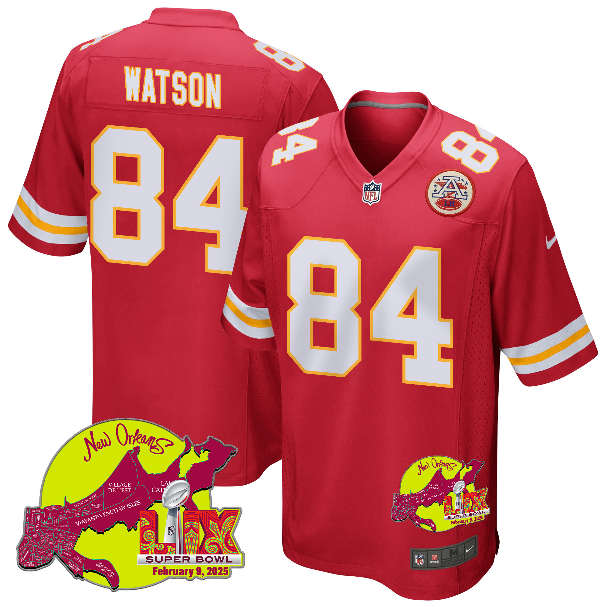 Justin Watson 84 Kansas City Chiefs Super Bowl LIX New Orleans Patch Game Men Jersey - Red