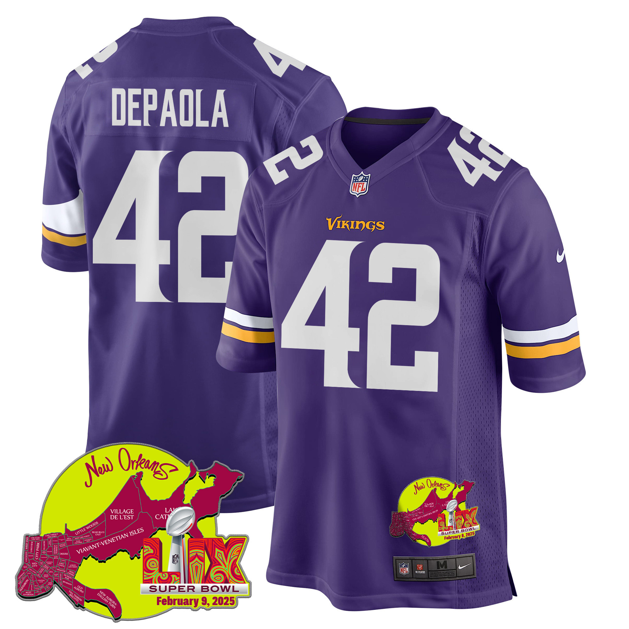 Andrew DePaola 42 Minnesota Vikings Super Bowl LIX New Orleans Patch Game Men Jersey - Purple