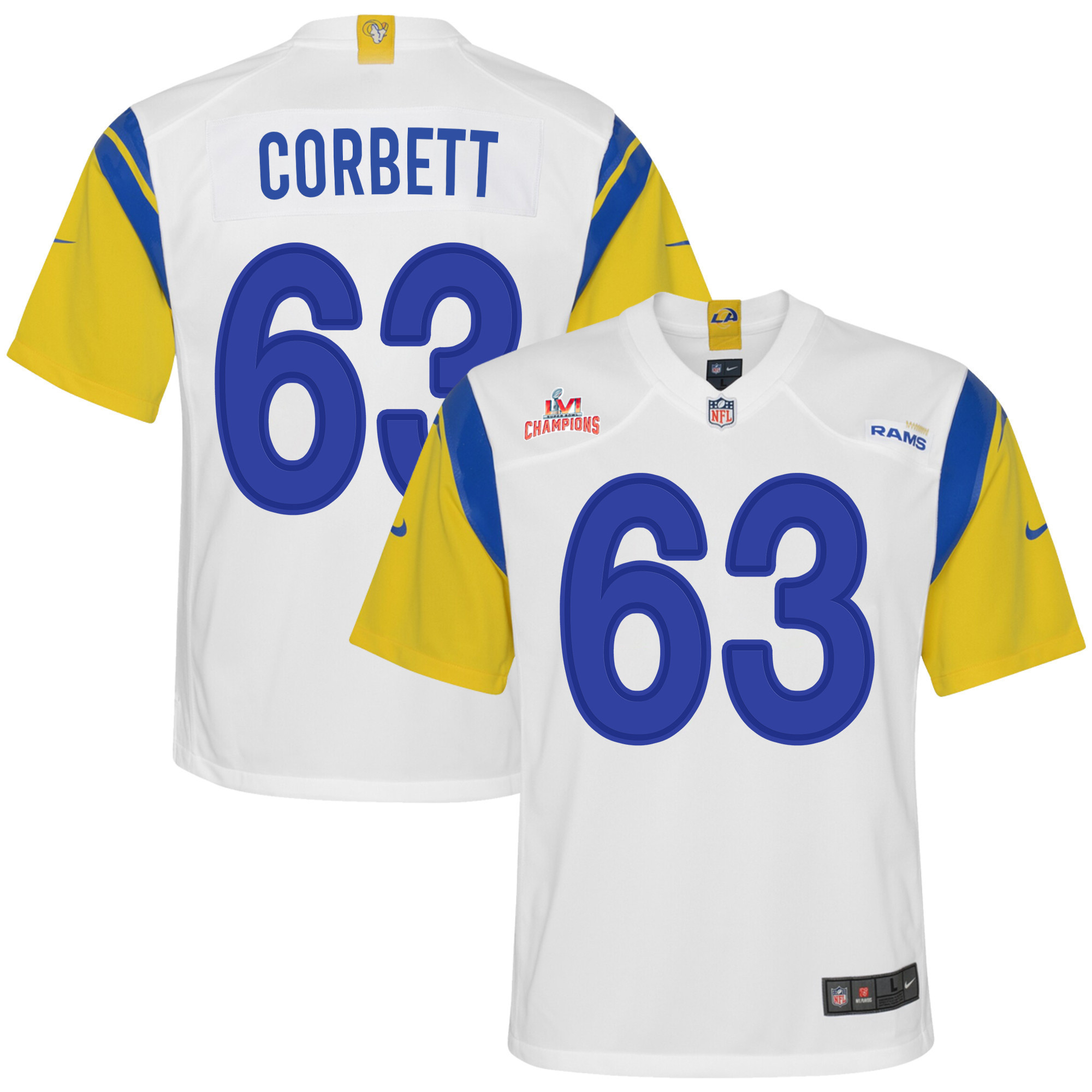 Super Bowl LVI Champions Los Angeles Rams Austin Corbett 63 White Youth's Jersey Jersey