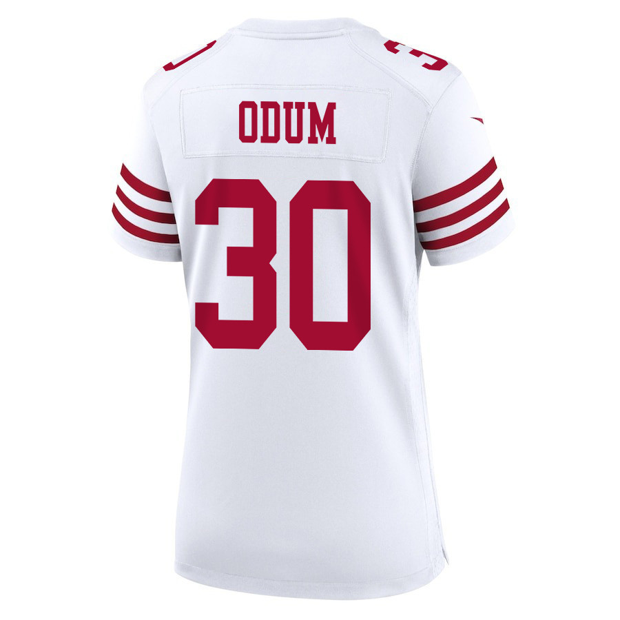 George Odum 30 San Francisco 49ers Super Bowl LVIII Patch Game Women Jersey - White