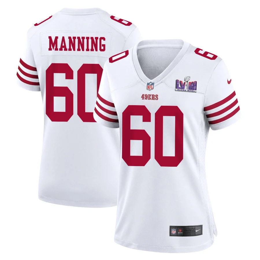 Ilm Manning 60 San Francisco 49ers Super Bowl LVIII Patch Game Women Jersey - White