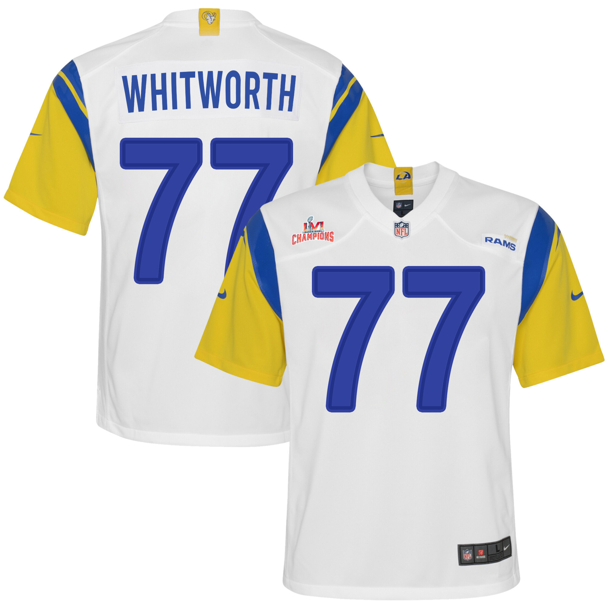 Super Bowl LVI Champions Los Angeles Rams Andrew Whitworth 77 White Youth's Jersey Jersey
