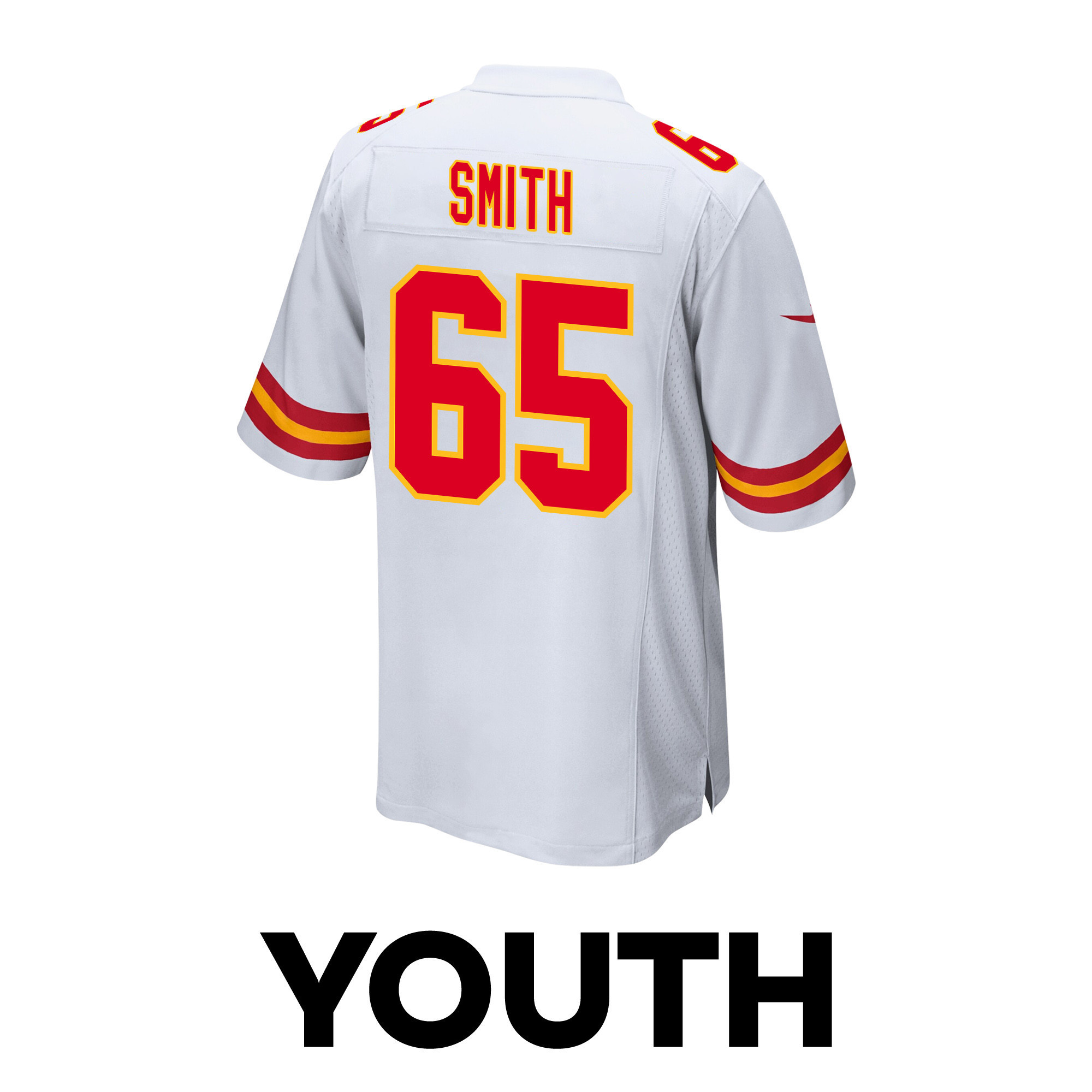 Trey Smith 65 Kansas City Chiefs Super Bowl LVIII Patch Game YOUTH Jersey - White