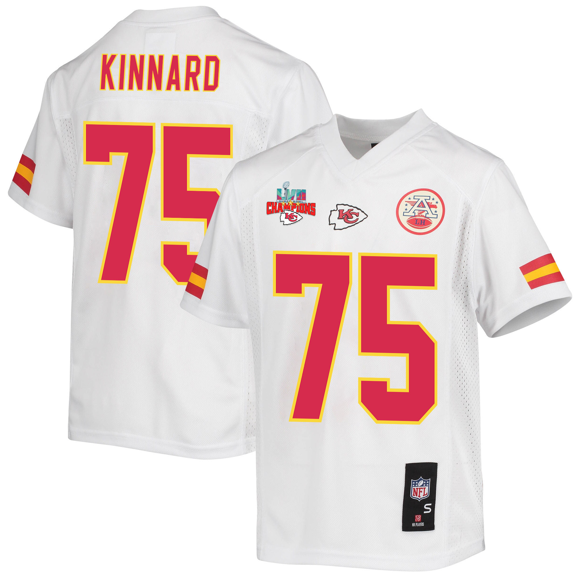 Darian Kinnard 75 Kansas City Chiefs Super Bowl LVII Champions 3 Stars Youth Game Jersey - White