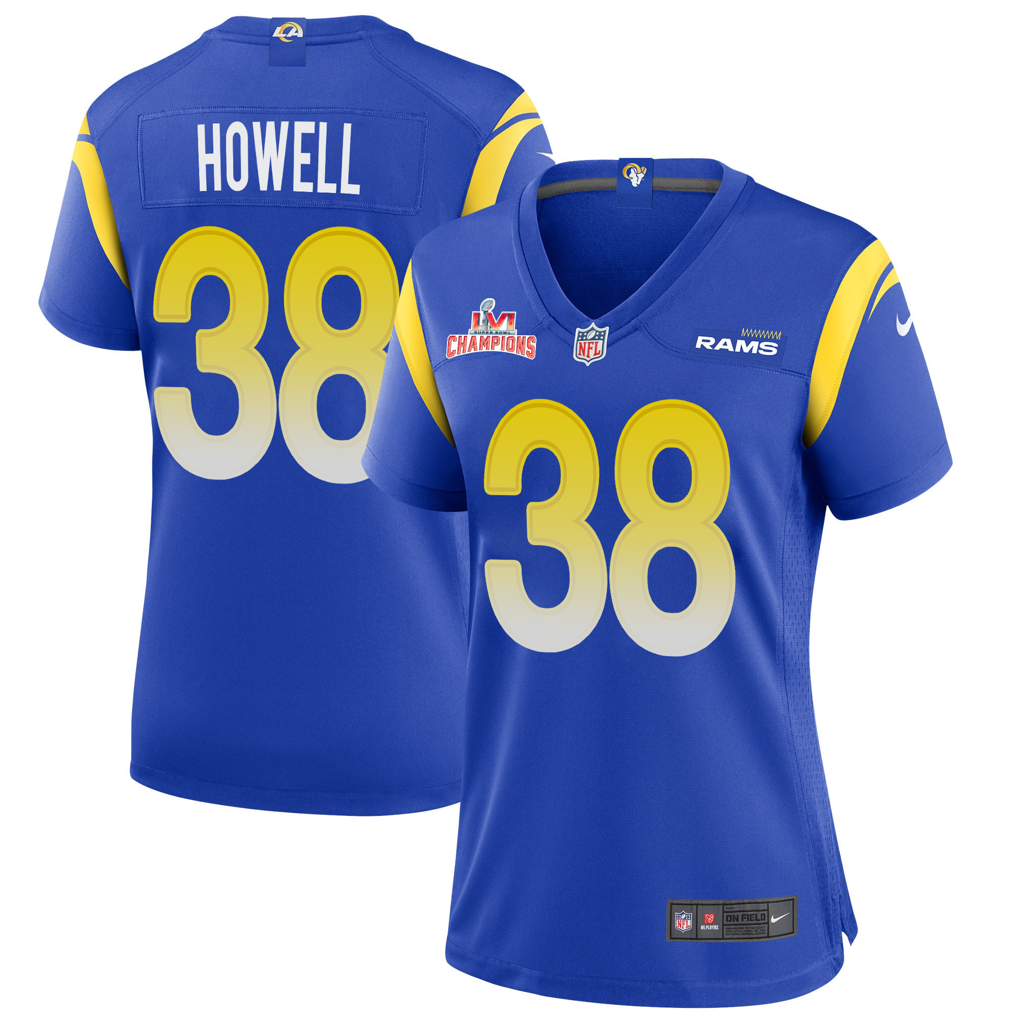 Super Bowl LVI Champions Los Angeles Rams Buddy Howell 38 Royal Women's Jersey Jersey