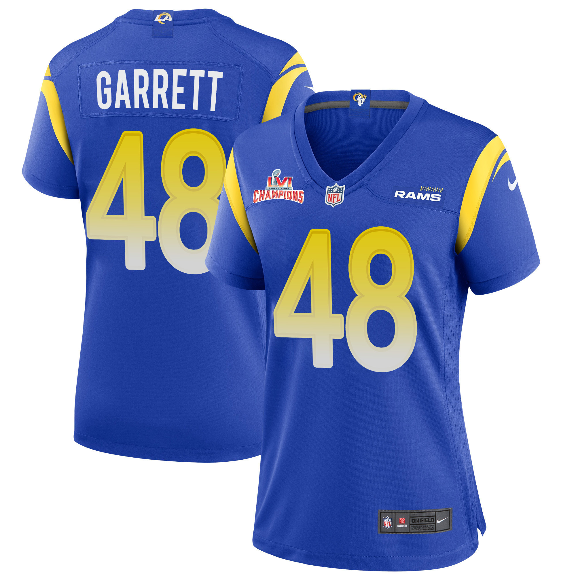 Super Bowl LVI Champions Los Angeles Rams Chris Garrett 48 Royal Women's Jersey Jersey