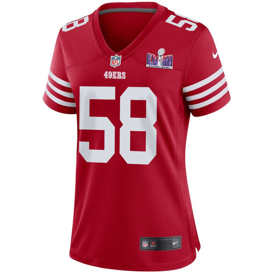 Alex Barrett 58 San Francisco 49ers Super Bowl LVIII Patch Game Women Jersey - Scarlet