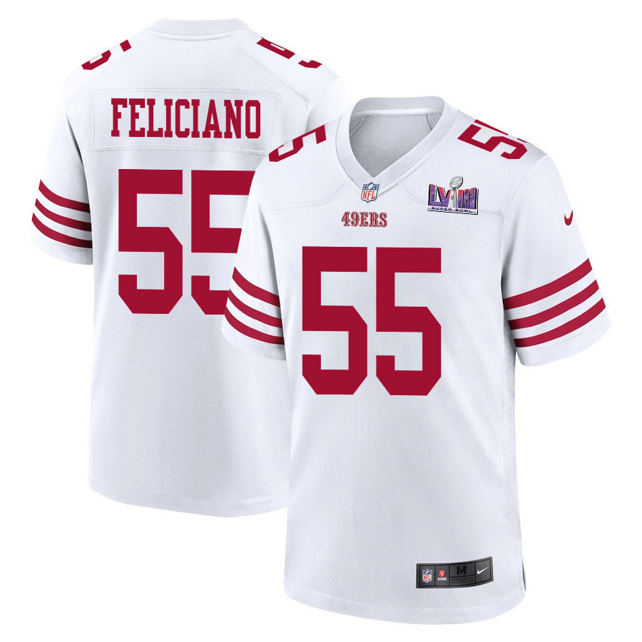 Jon Feliciano 55 San Francisco 49ers Super Bowl LVIII Patch Game Men Jersey - White