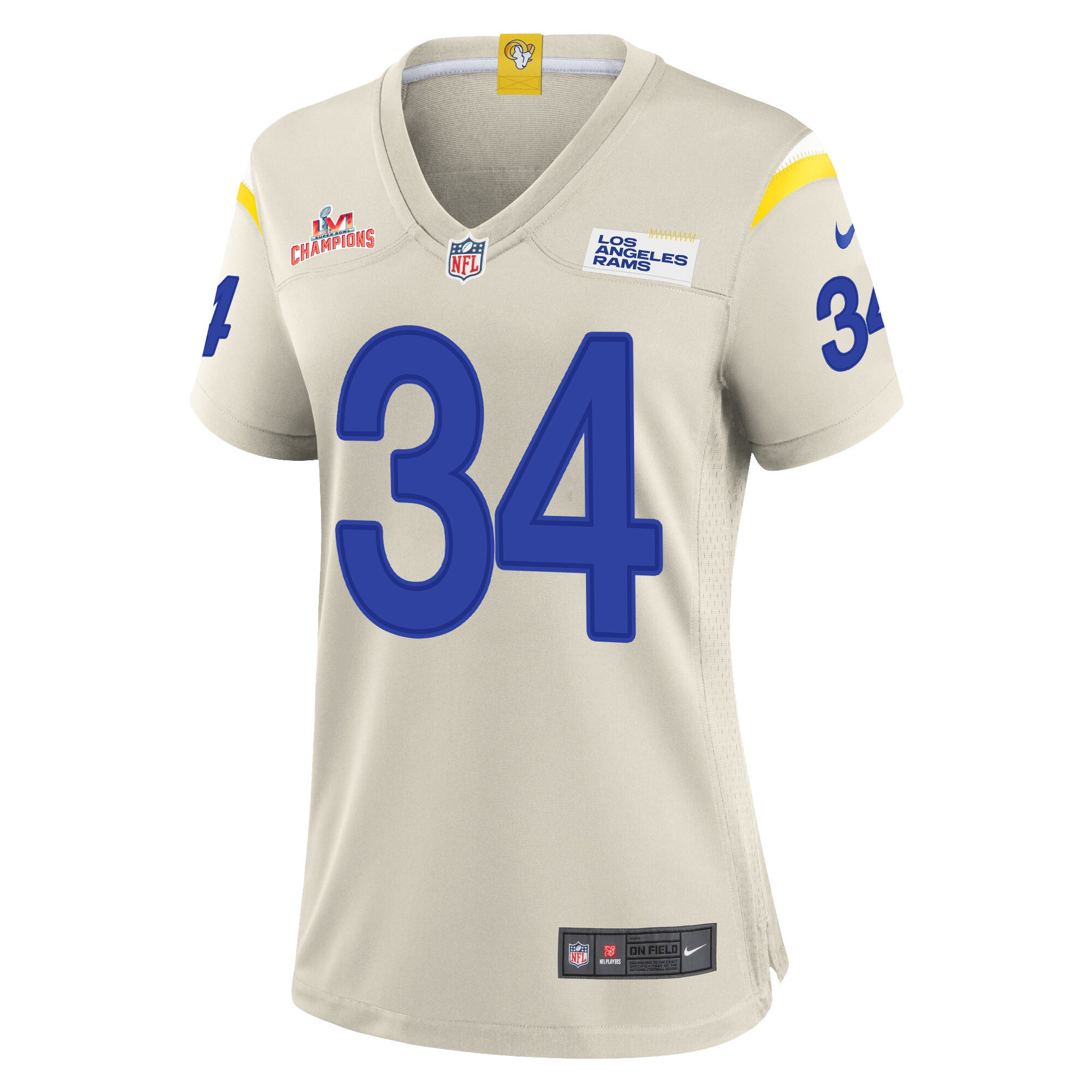 Super Bowl LVI Champions Los Angeles Rams Jake Funk 34 Bone Women's Jersey Jersey