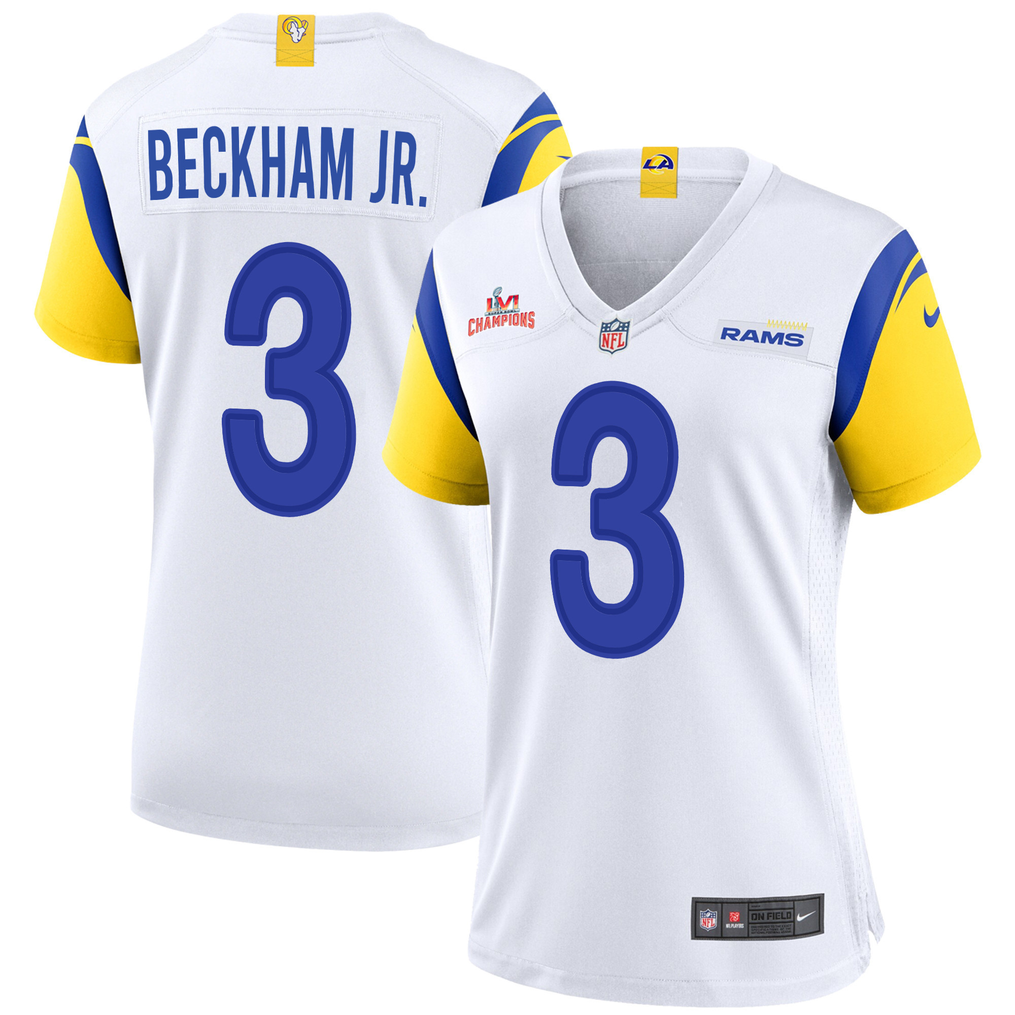 Super Bowl LVI Champions Los Angeles Rams Odell Beckham Jr. 3 White Women's Jersey Jersey