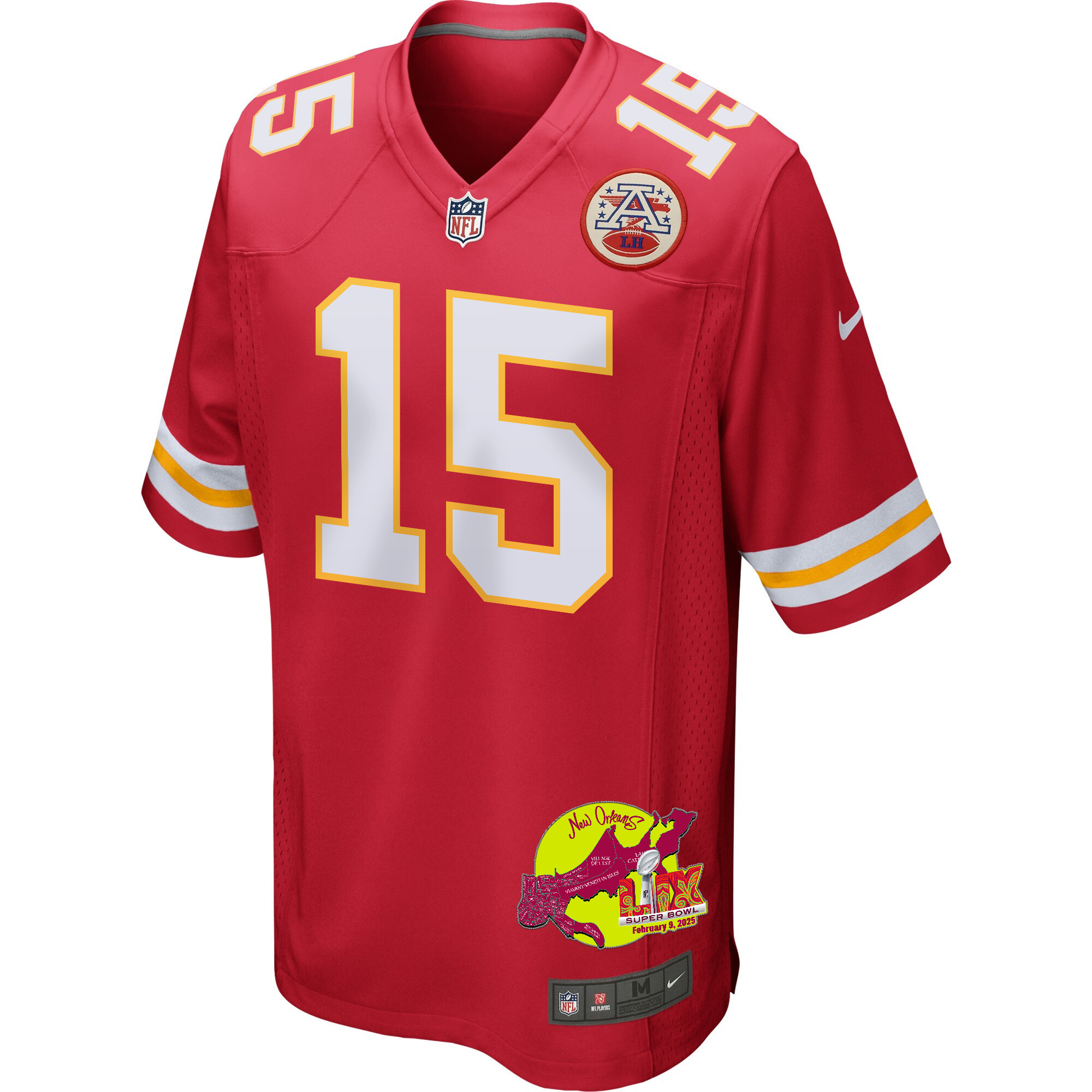 Patrick Mahomes 15 Kansas City Chiefs Super Bowl LIX New Orleans Patch Game Men Jersey - Red