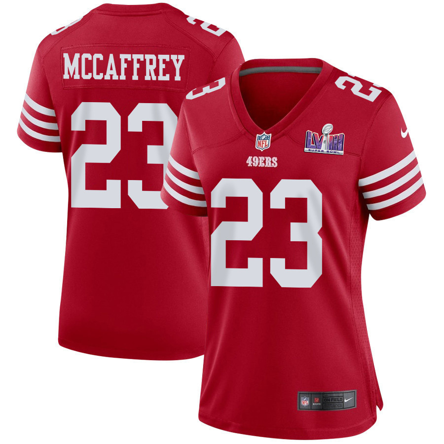 Christian McCaffrey 23 San Francisco 49ers Super Bowl LVIII Patch Game Women Jersey - Scarlet