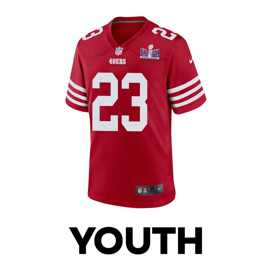 Christian McCaffrey 23 San Francisco 49ers Super Bowl LVIII Patch Game YOUTH Jersey - Scarlet