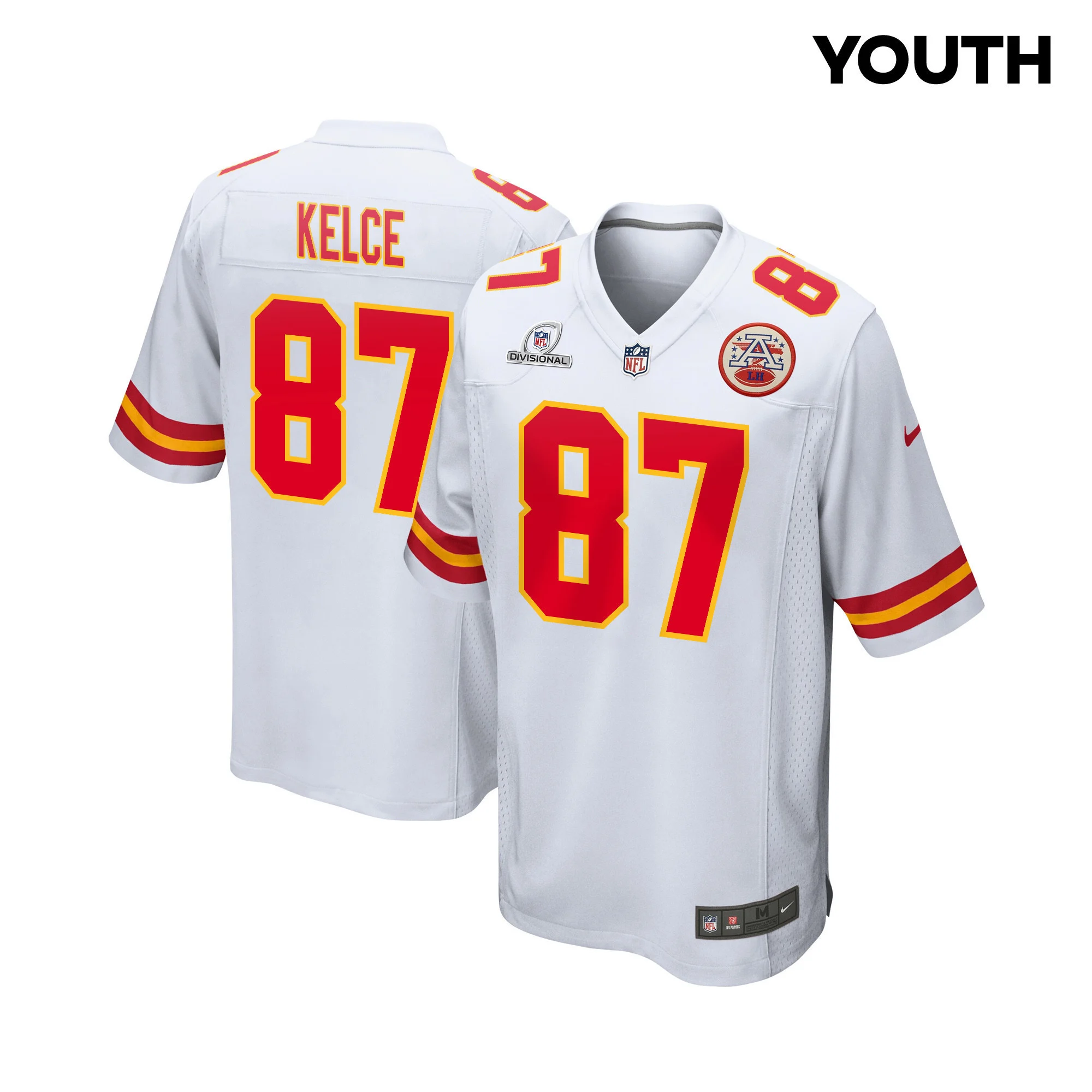 Travis Kelce 87 Kansas City Chiefs Super Bowl LVIII Patch Game YOUTH Jersey - White